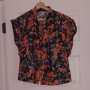 Joie Black and Orange Cap Sleeve Button Down Shirt